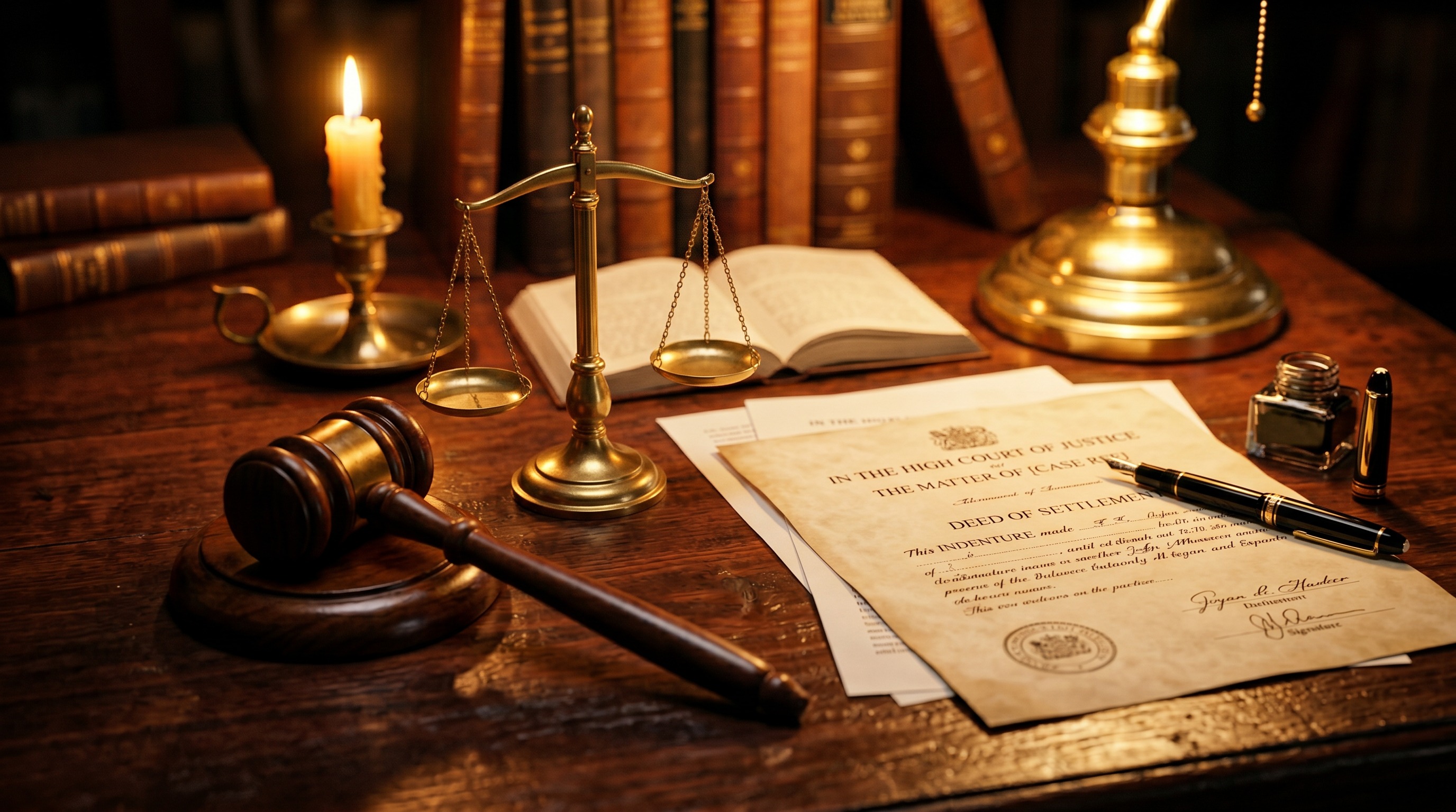 Legal documents and scales of justice on a mahogany desk
