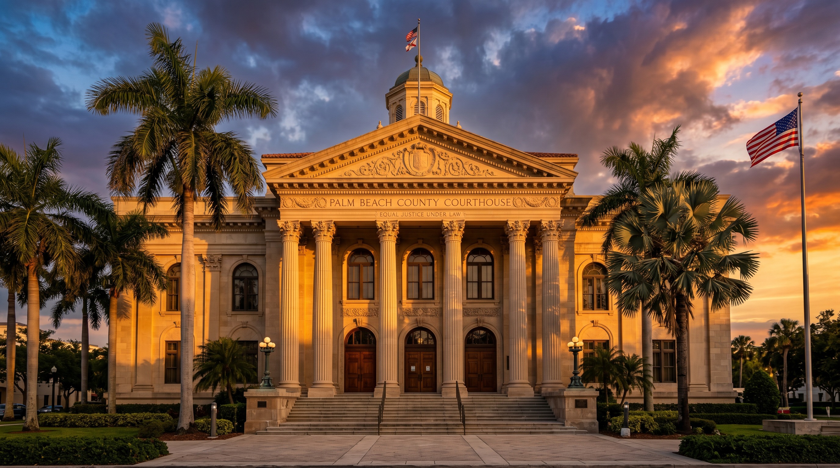 Stately Florida courthouse with classical columns at golden hour