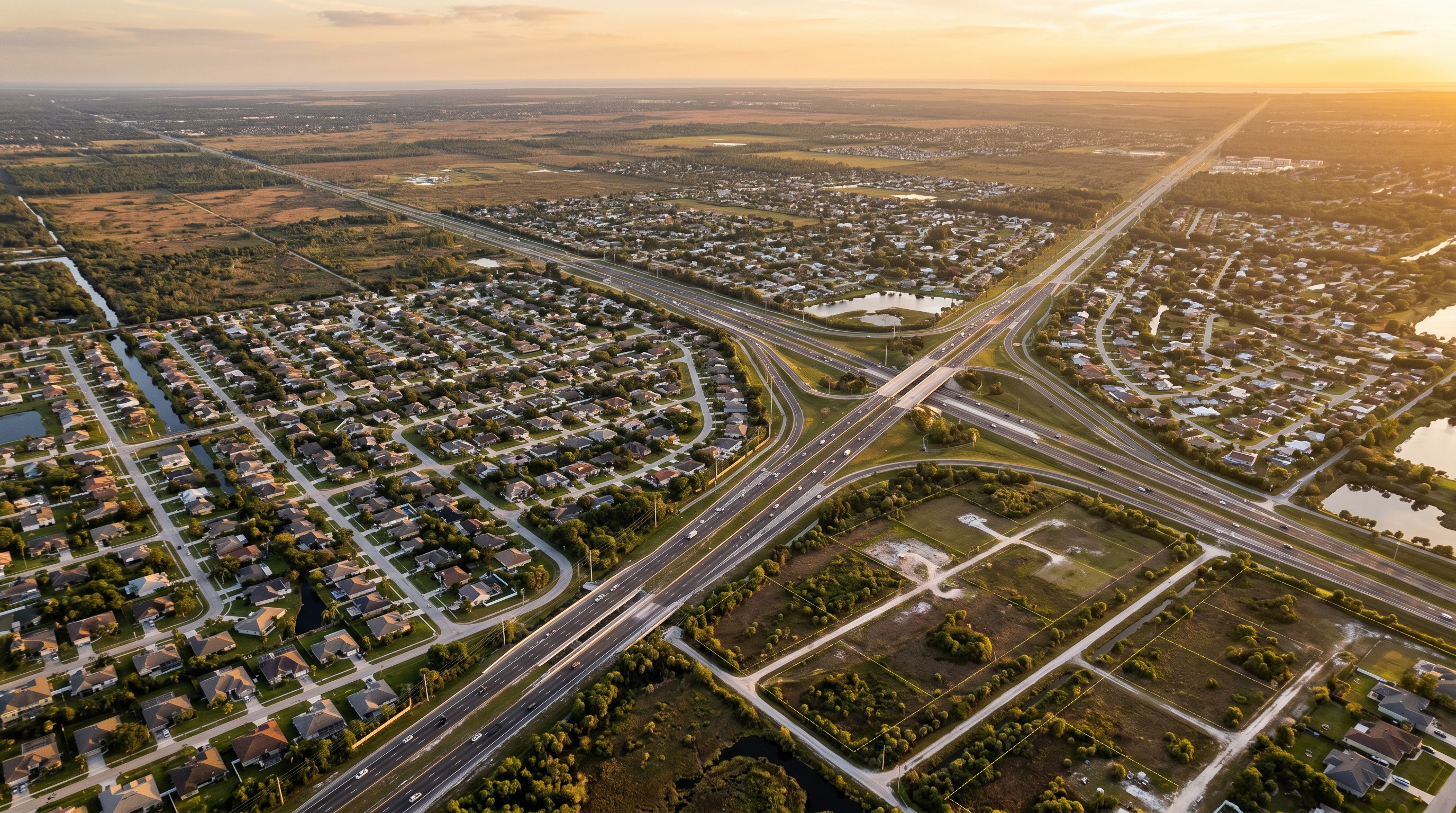 Florida courthouse steps and columns at dusk, symbolizing justice and property rights
