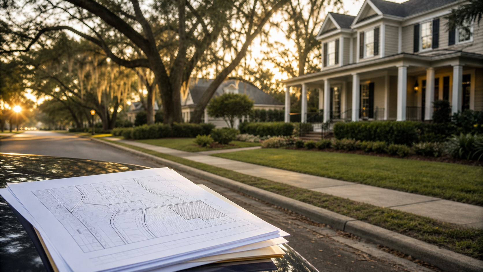 Florida home on a quiet street with subtle project notice documents in the foreground